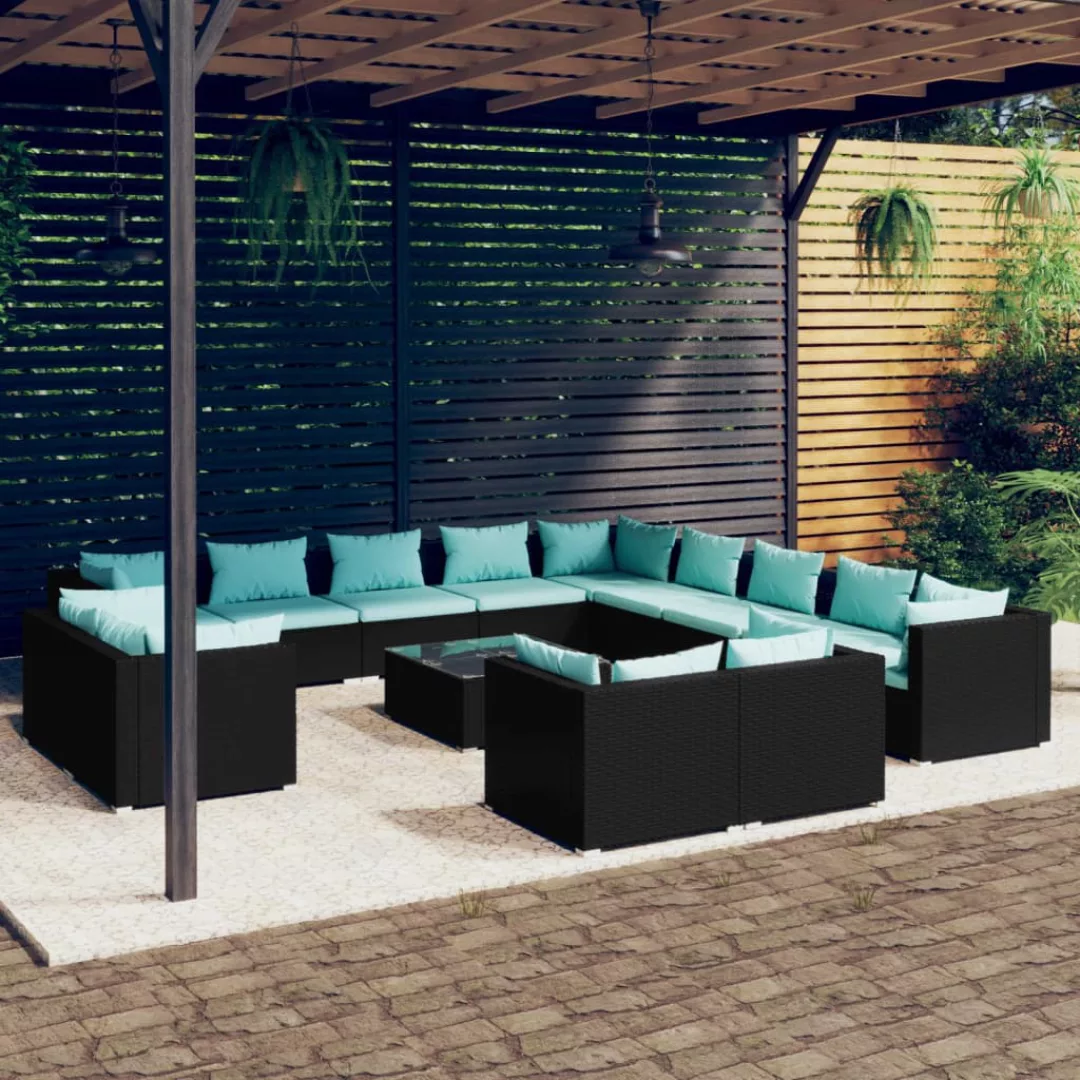 Vidaxl 14-tlg. Garten-lounge-set Mit Kissen Schwarz Poly Rattan günstig online kaufen