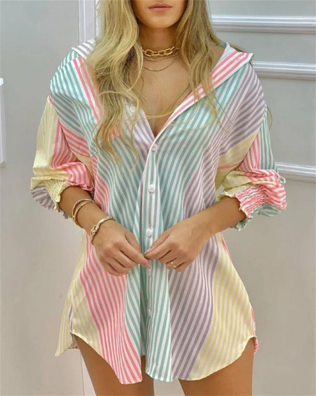 RUZU UG Hemdbluse Langärmliges, gestreiftes Damenhemd mit V-Ausschnitt und günstig online kaufen