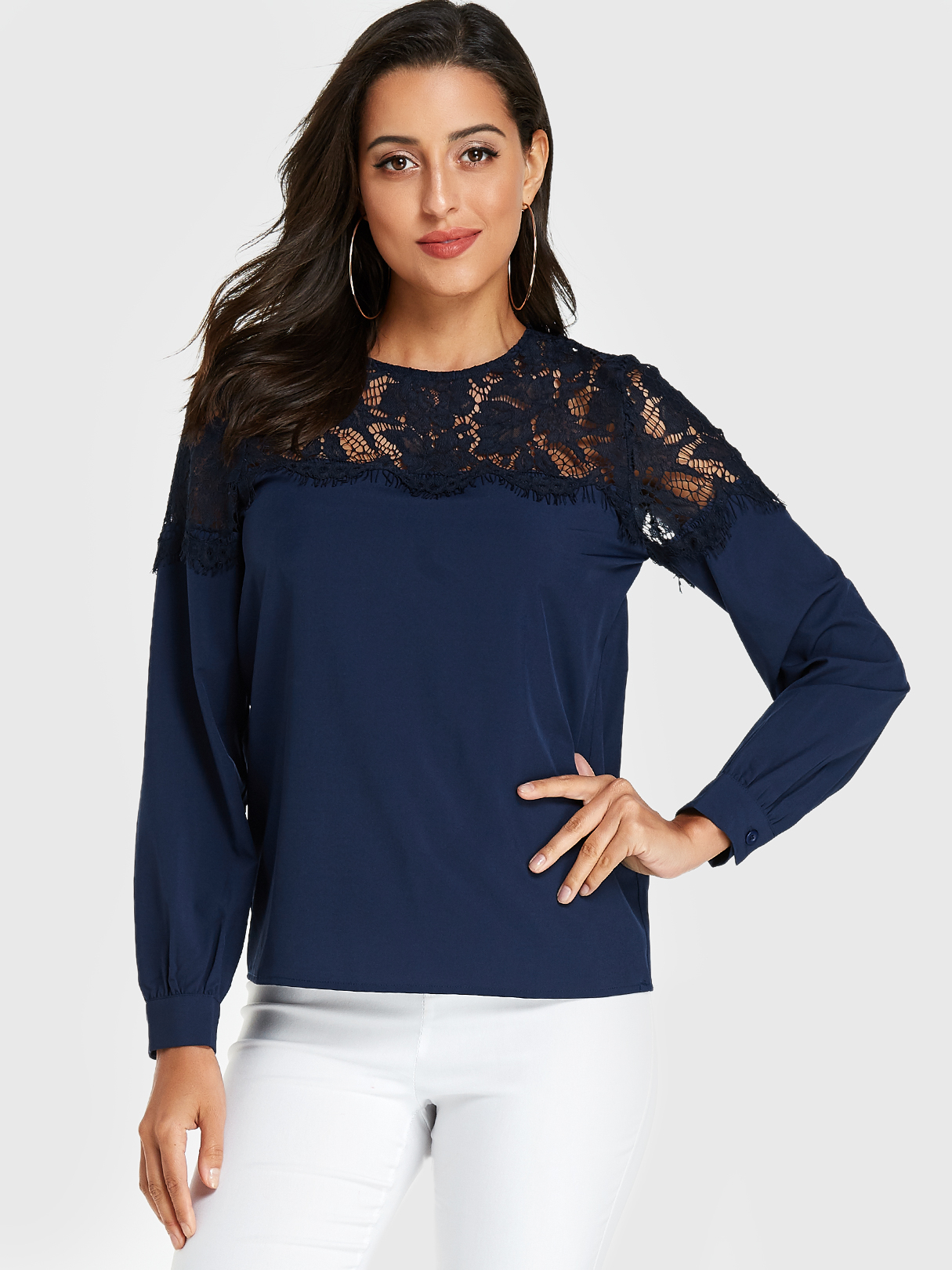 YOINS Navy Lace Insert Rundhalsbluse mit langen Ärmeln günstig online kaufen