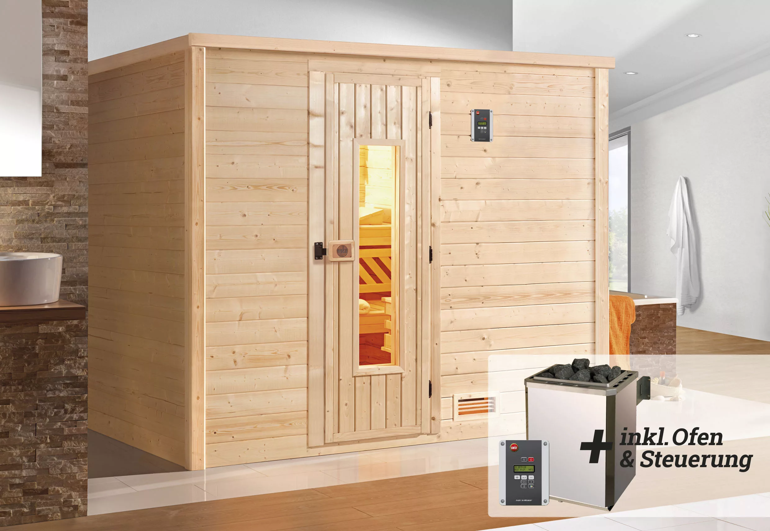 Weka Premium Massivholz-Sauna Bergen 3 Sparset 7,5 kW OS digi. Steuerung günstig online kaufen