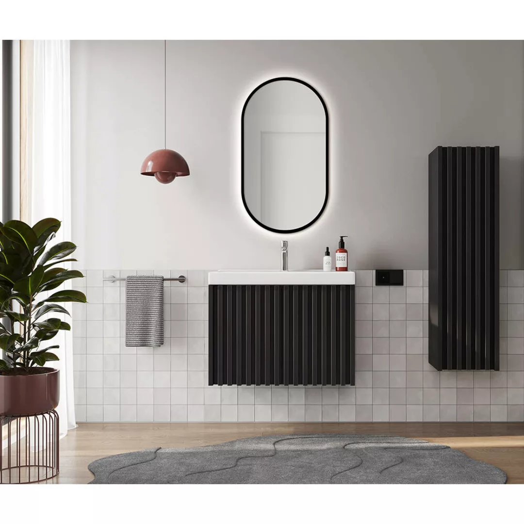 Modernes Badmöbel Set mit LED-Spiegel NANTES-107 in schwarz mit Lamellenfro günstig online kaufen