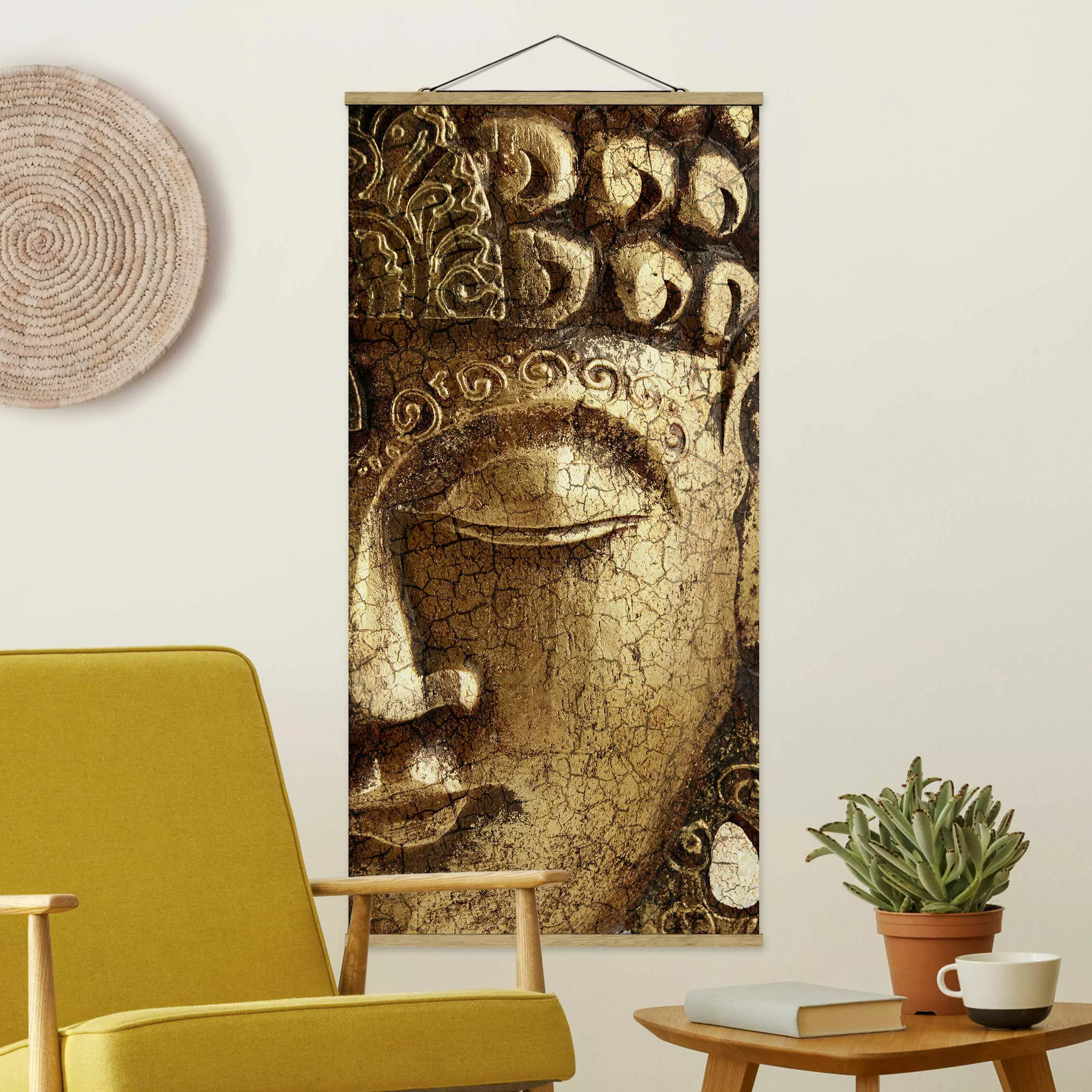 Stoffbild Buddha mit Posterleisten - Hochformat Vintage Buddha günstig online kaufen