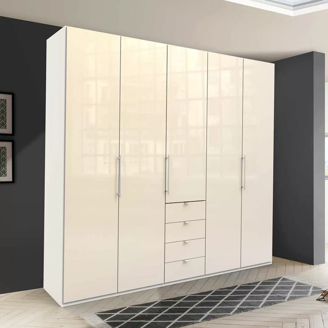 Design Schlafzimmerschrank in Creme Weiß Glas beschichtet Falttüren günstig online kaufen