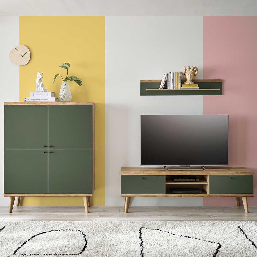 Wohnwand mit Regal im Skandi Design Graugrün (dreiteilig) günstig online kaufen