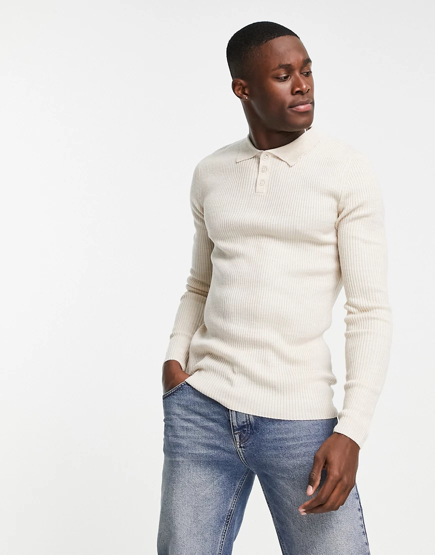 ASOS DESIGN – Gerippter Polo-Strickpullover mit Muskelshirt-Passform in Hel günstig online kaufen