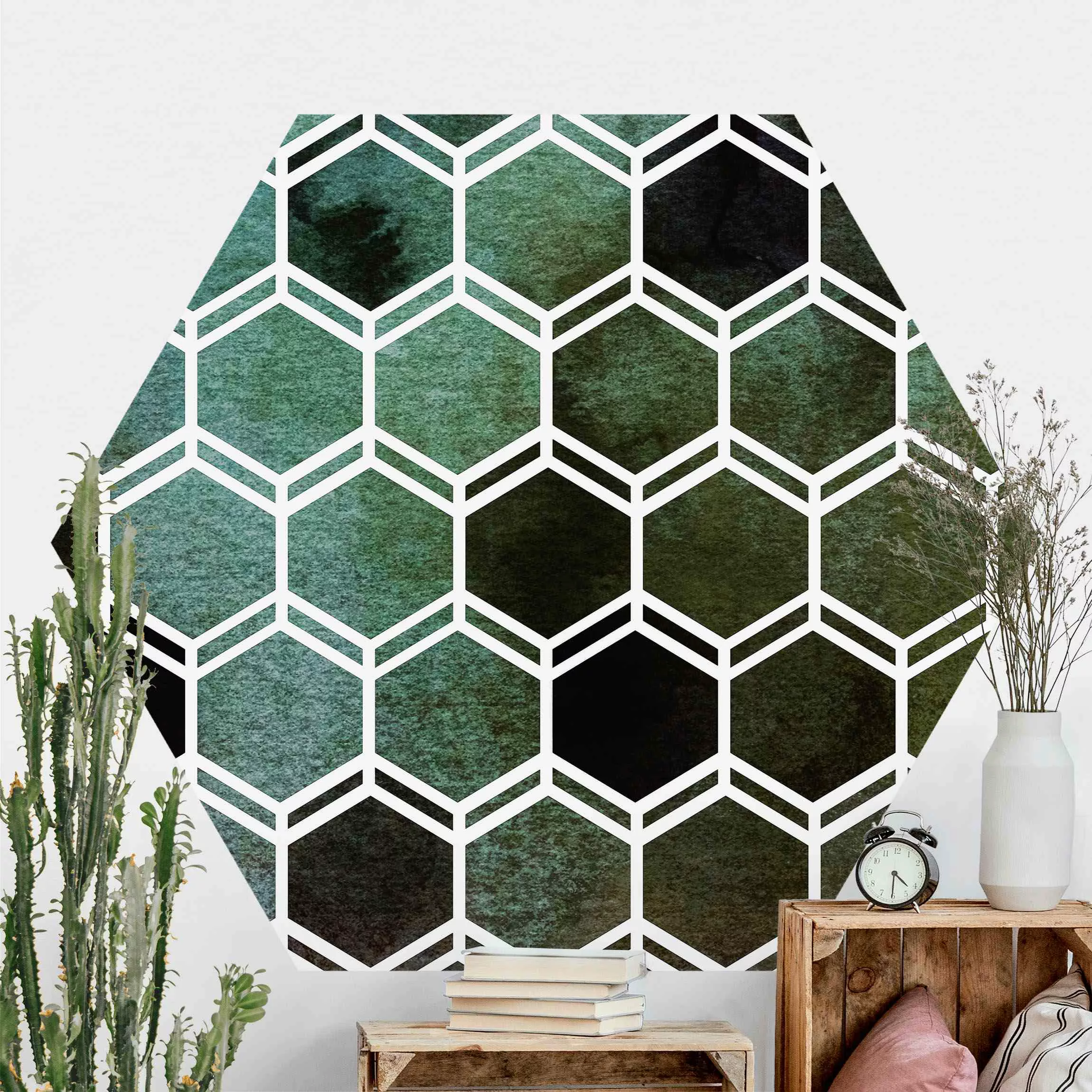 Hexagon Mustertapete selbstklebend Hexagonträume Aquarell in Grün günstig online kaufen