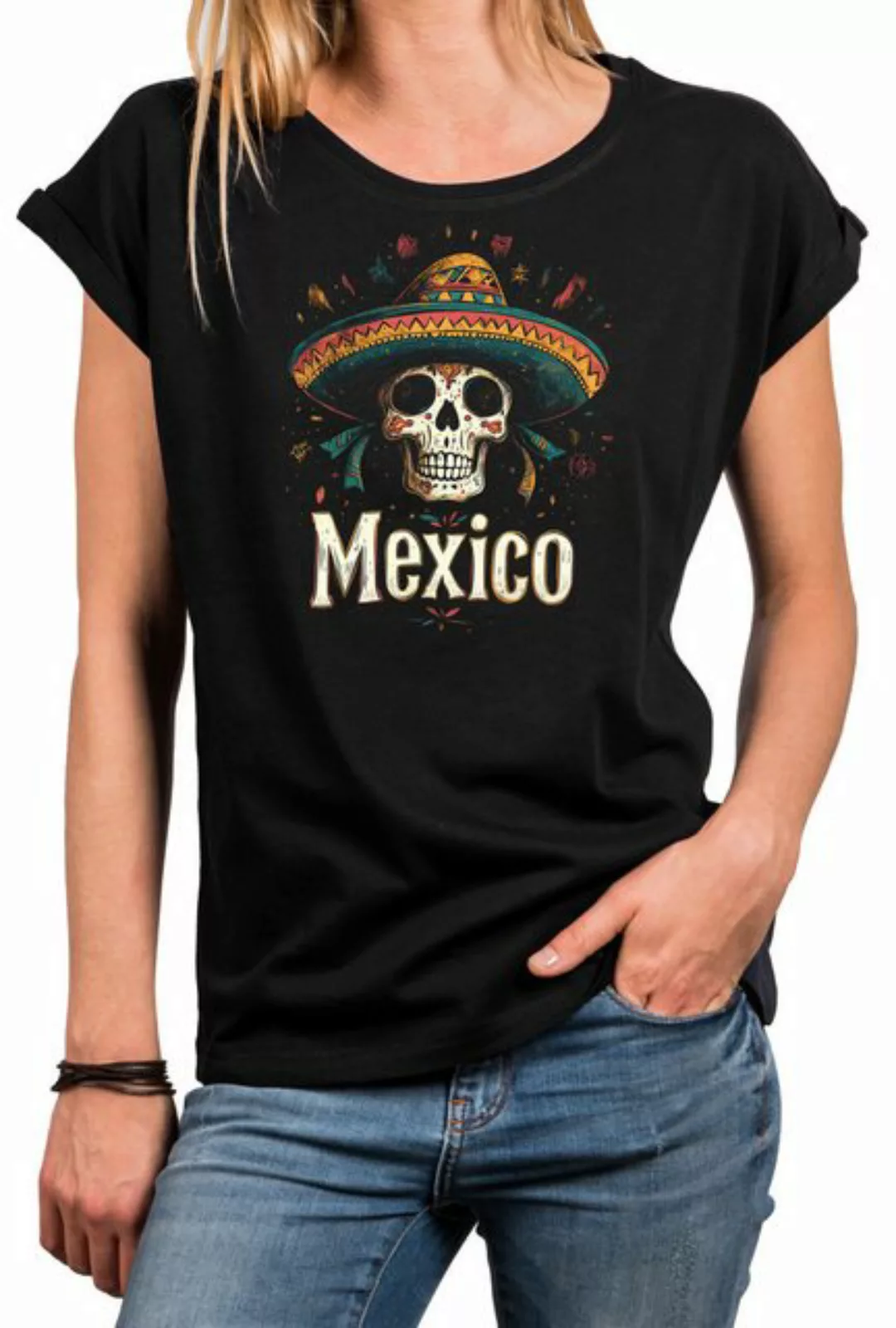 MAKAYA Print-Shirt Damen Mexiko Totenkopf Kurzarmshirt mit Aufdruck Skull T günstig online kaufen