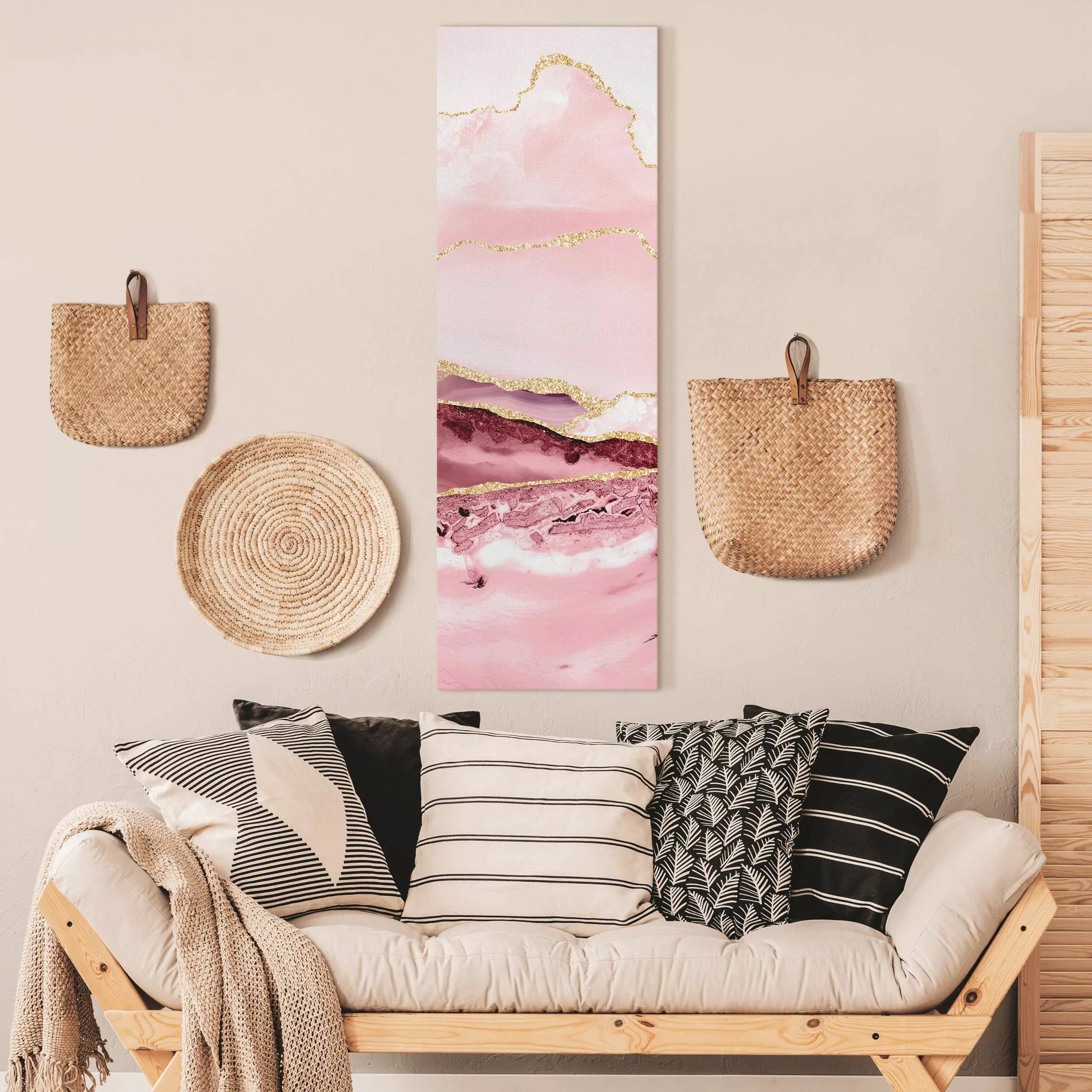 Leinwandbild Abstrakte Berge Rosa mit Goldenen Linien günstig online kaufen