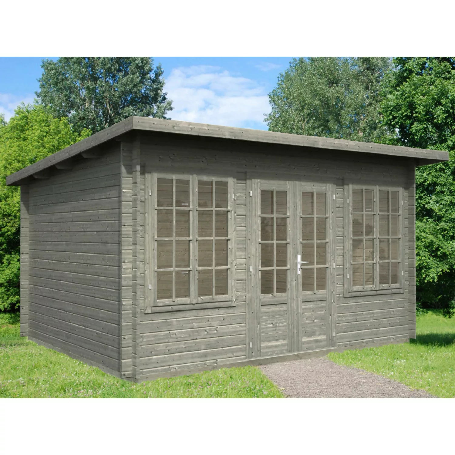 Palmako Lisa Holz-Gartenhaus Grau Pultdach Tauchgrundiert 400 cm x 300 cm günstig online kaufen