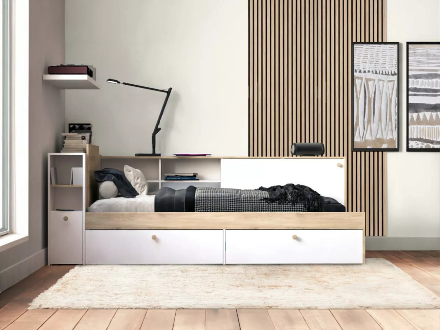 Bett mit Stauraum - 90 x 200 cm - Weiß & Holzfarben + Lattenrost + Matratze günstig online kaufen