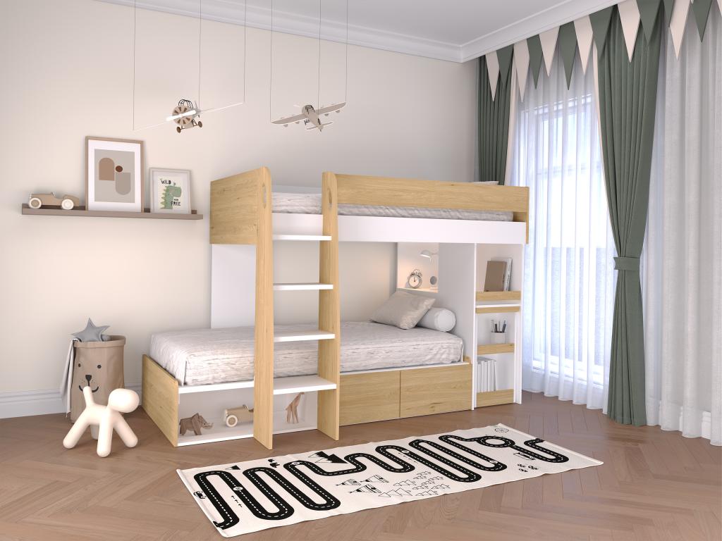 Etagenbett mit Schreibtisch & Stauraum - 2 x 90 x 190 cm - Holzfarben & Wei günstig online kaufen