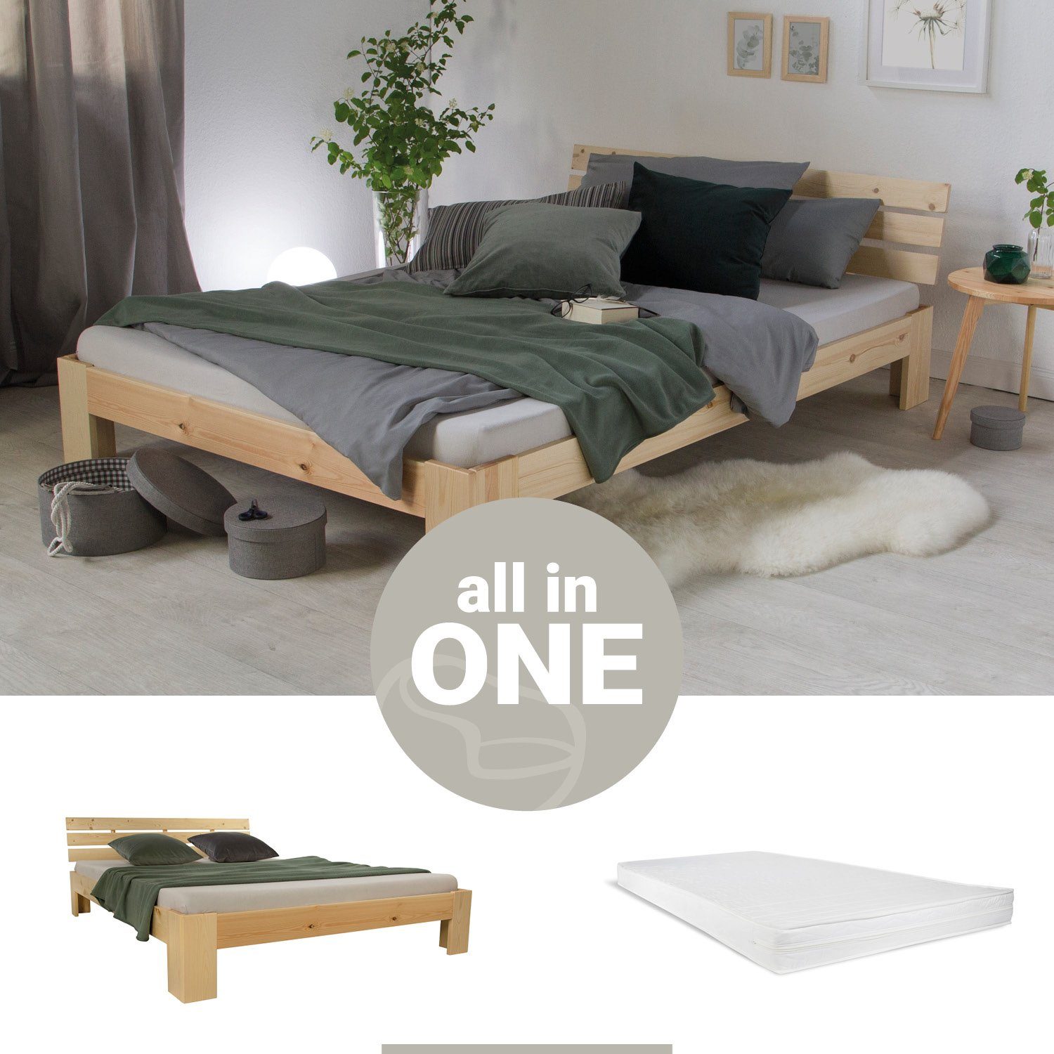 Homestyle4u Holzbett 140x200 Doppelbett Bett Massiv günstig online kaufen