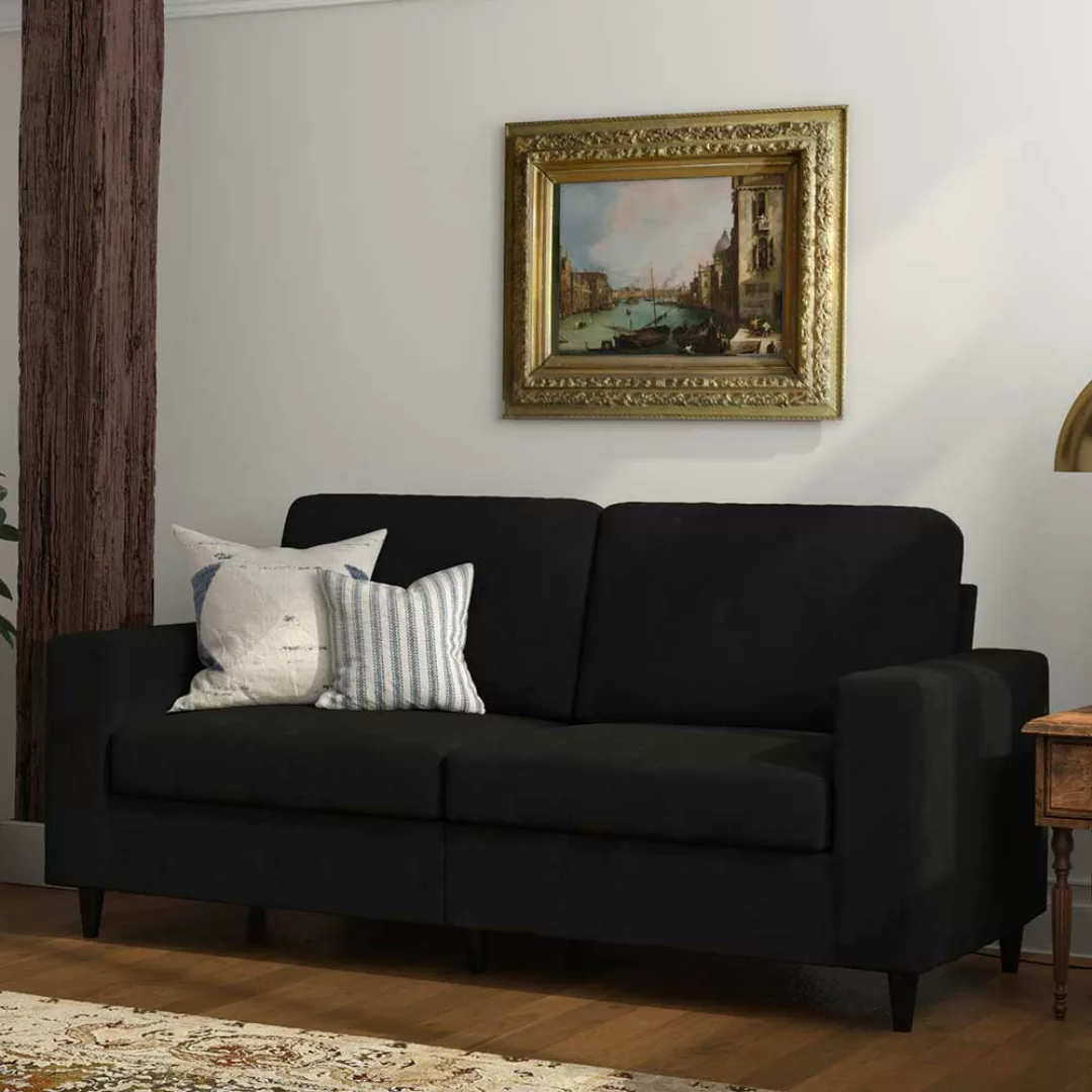 Dreisitzer Sofa schwarz Samt mit Armlehnen 190 cm breit günstig online kaufen