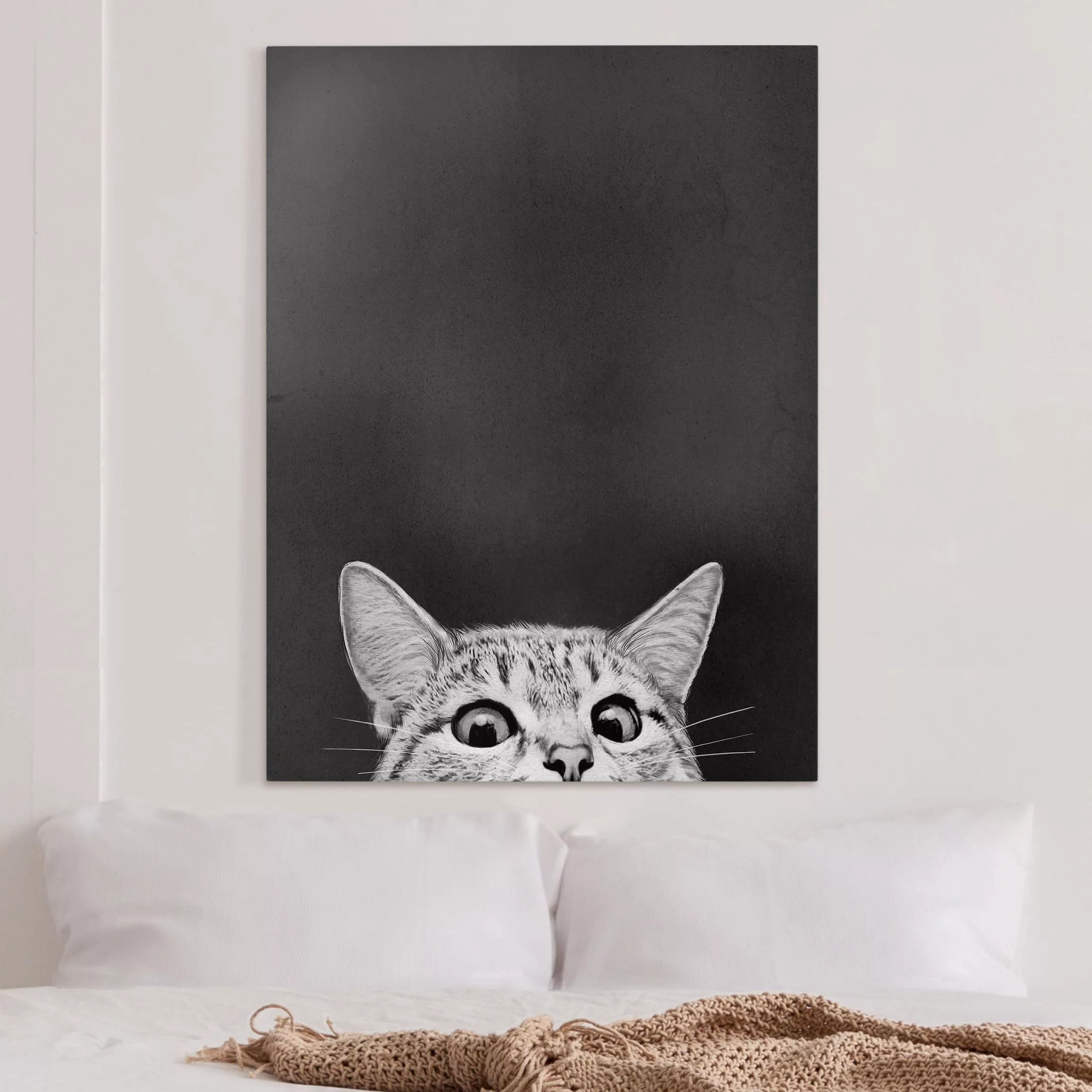 Leinwandbild Tiere - Hochformat Illustration Katze Schwarz Weiß Zeichnung günstig online kaufen