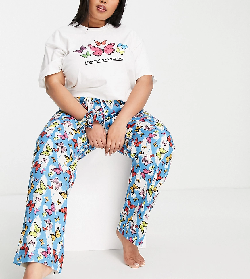 Daisy Street Plus – Pyjama aus Oversize-T-Shirt, Hose und Scrunchie mit Sch günstig online kaufen