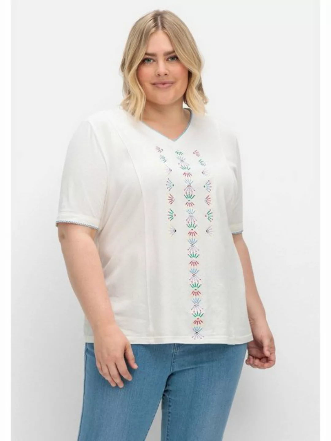 Sheego T-Shirt Große Größen mit Stickerei, im Leinen-Baumwoll-Mix günstig online kaufen