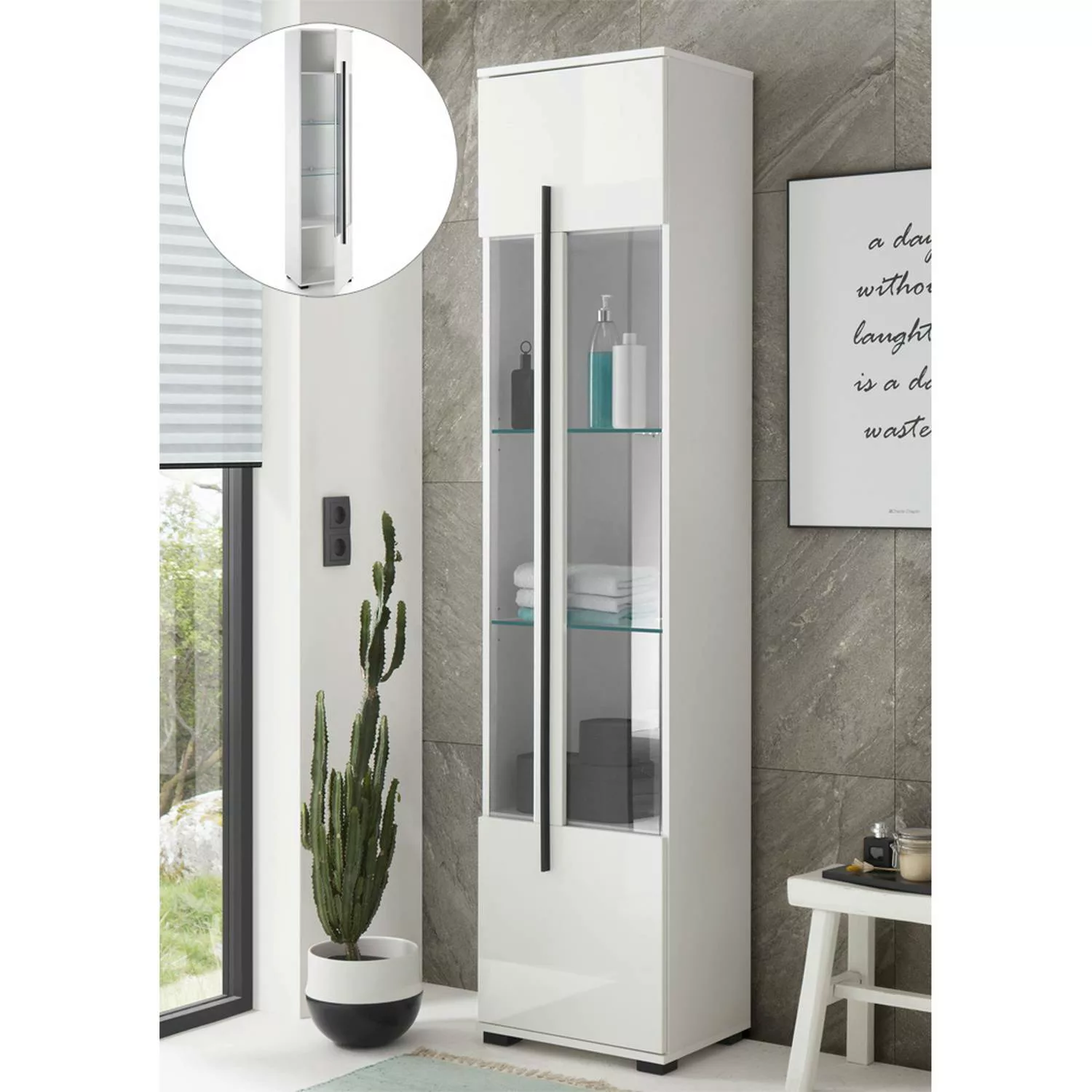 Badezimmer Vitrine CHARLESTON-61 in Hochglanz weiß, B/H/T: ca. 45/200/35 cm günstig online kaufen