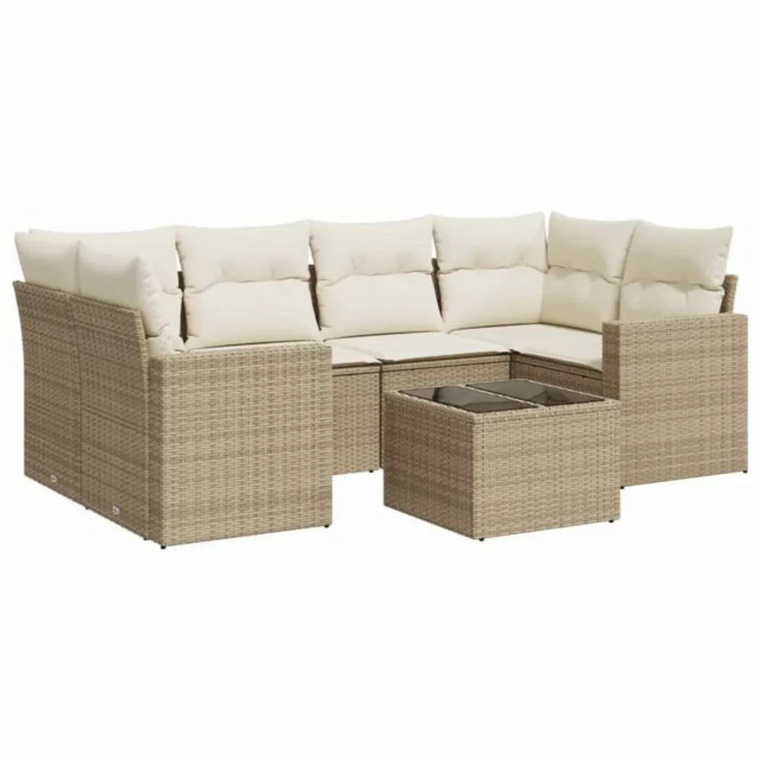 vidaXL Sofaelement 7-tlg. Garten-Sofagarnitur mit Kissen Beige Poly Rattan günstig online kaufen