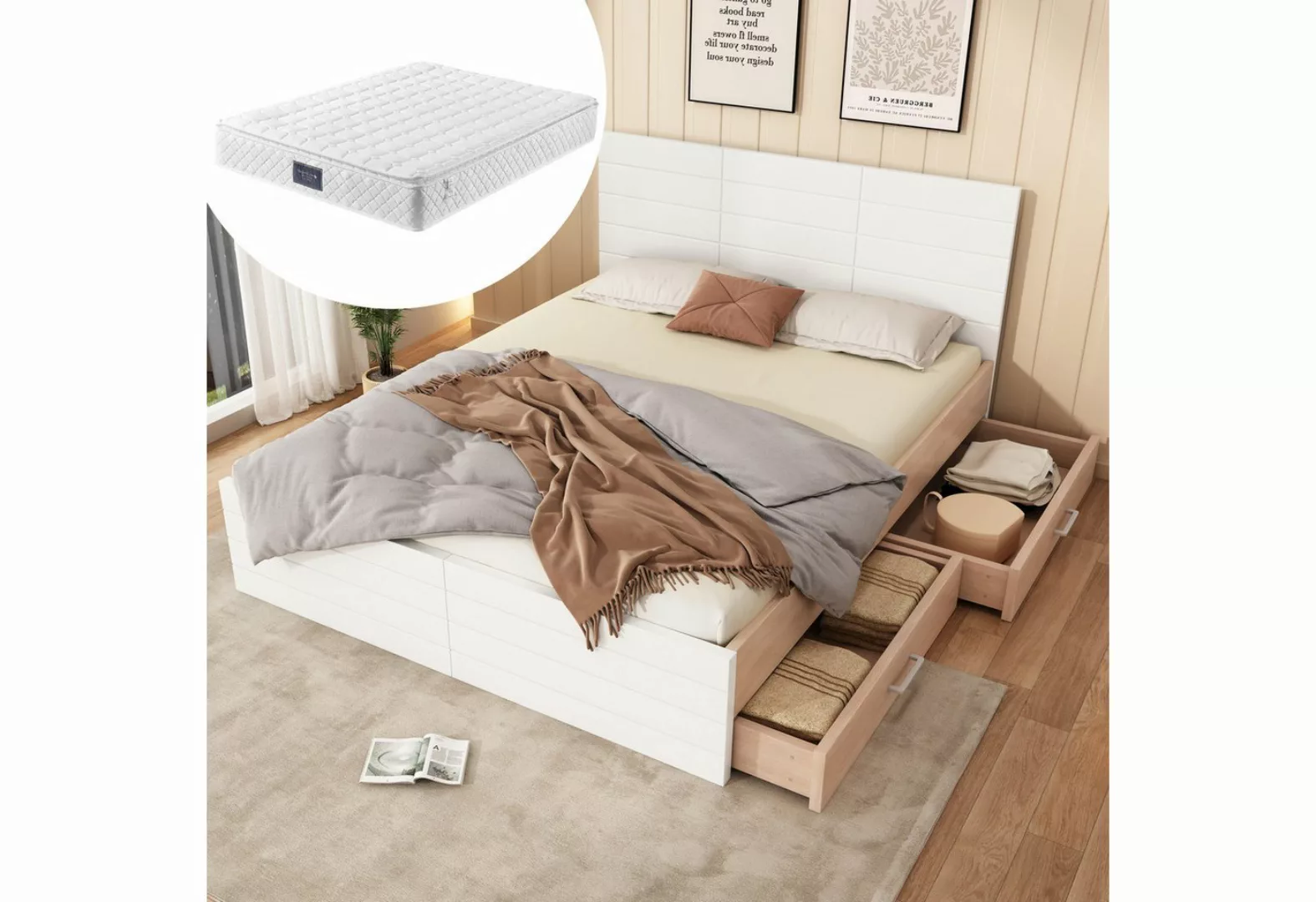 Rutaqian Holzbett Modernes Bett inkl.Bettgestell, Funktionsbett, Stauraumbe günstig online kaufen