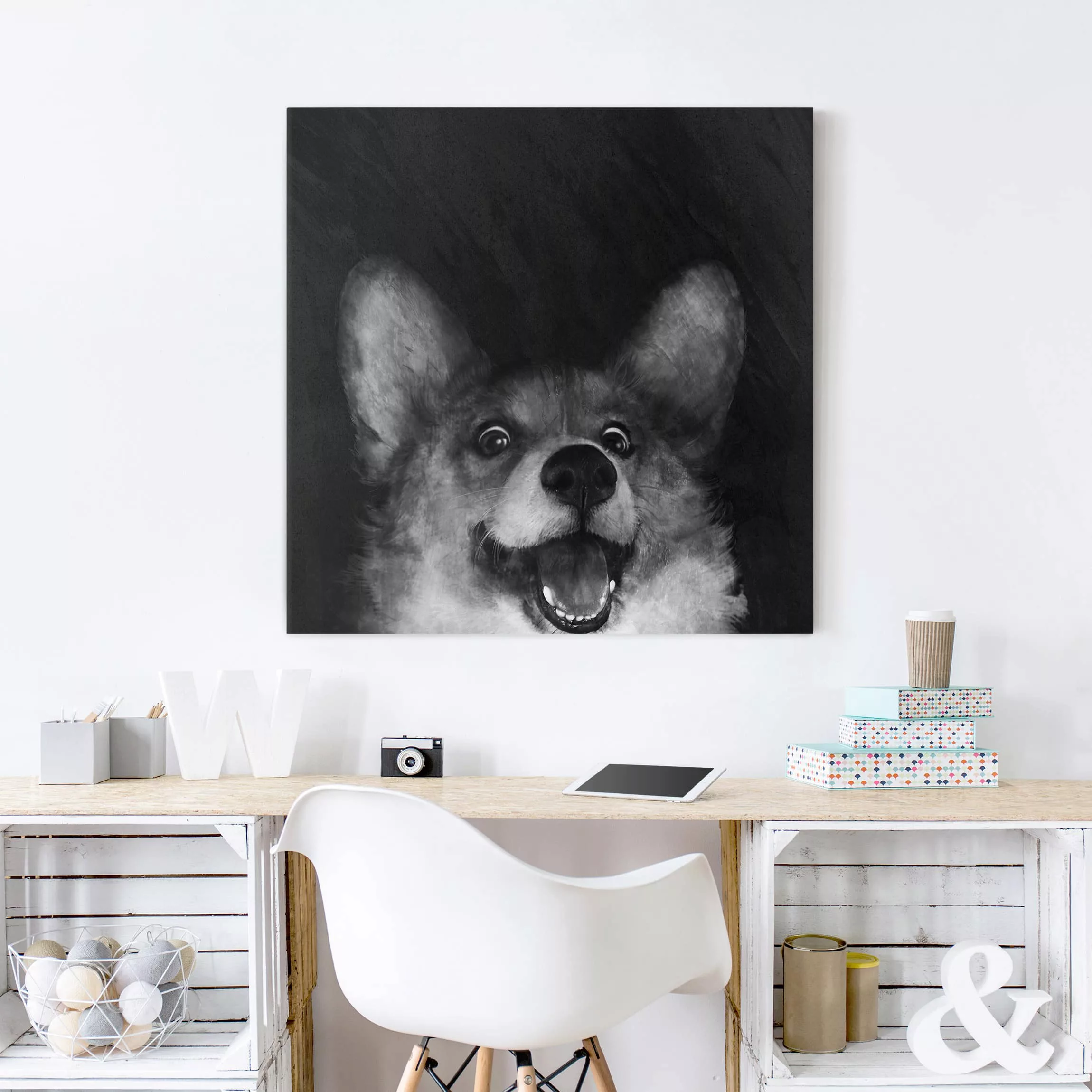 Leinwandbild Tiere - Quadrat Illustration Hund Corgi Malerei Schwarz Weiß günstig online kaufen