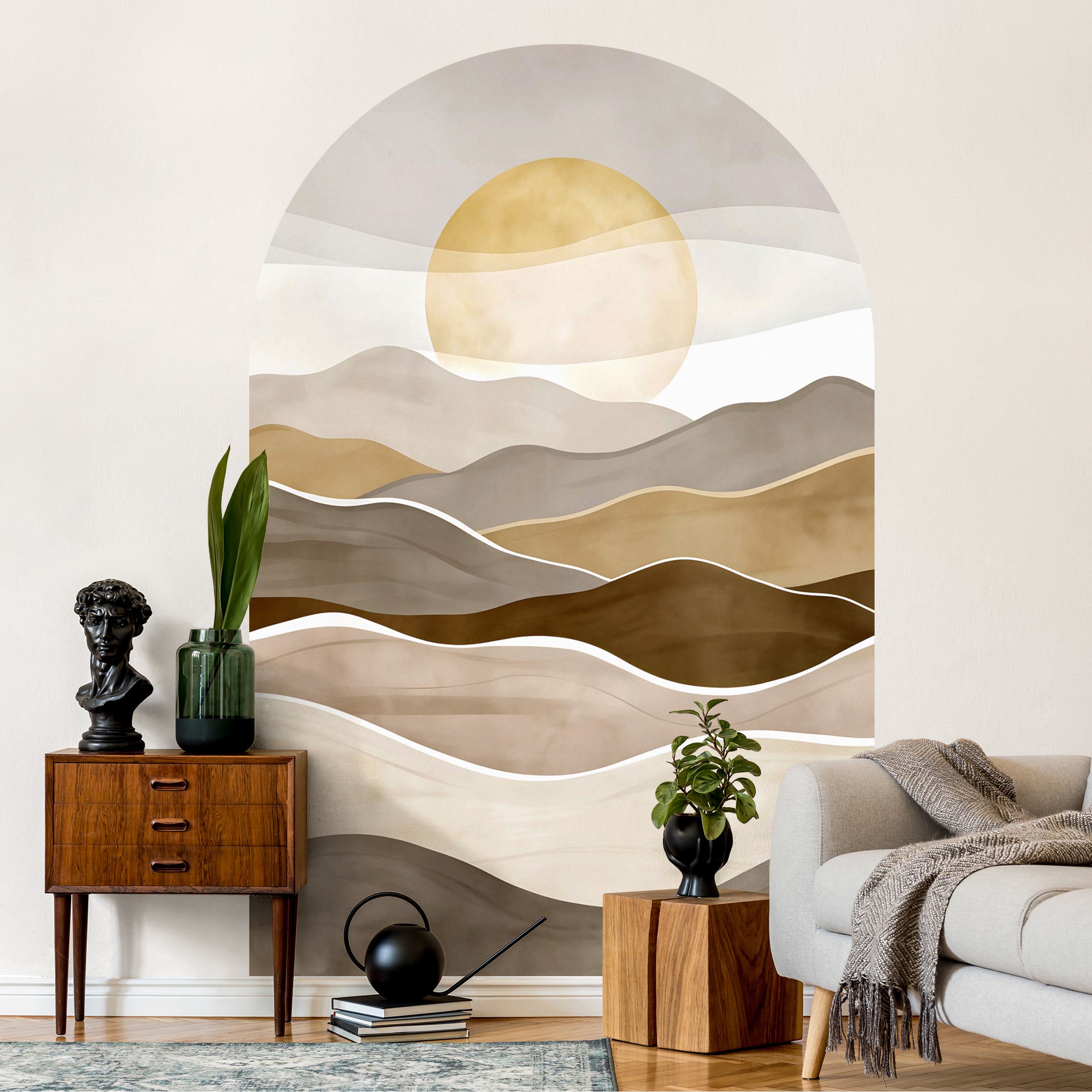 Rundbogen Tapete Minimalistische Boho Landschaft Beige Grau günstig online kaufen