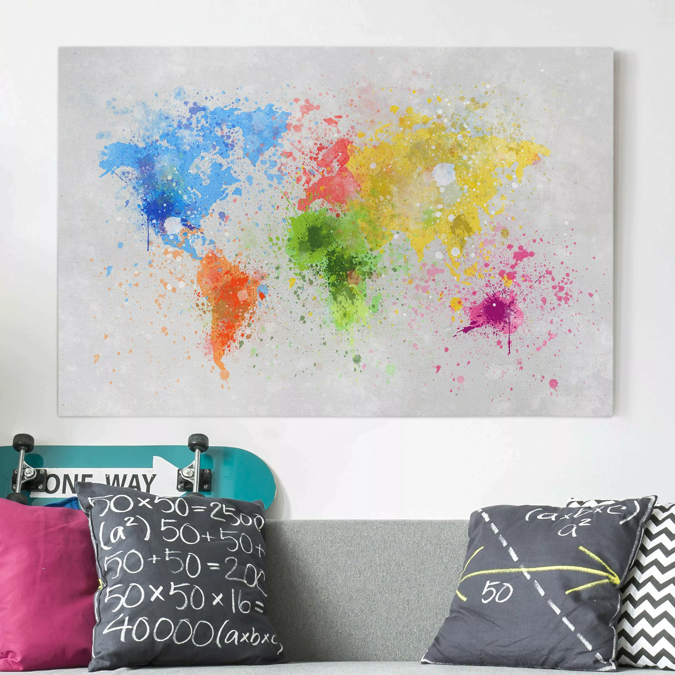 Leinwandbild Kinderzimmer - Querformat Bunte Farbspritzer Weltkarte günstig online kaufen