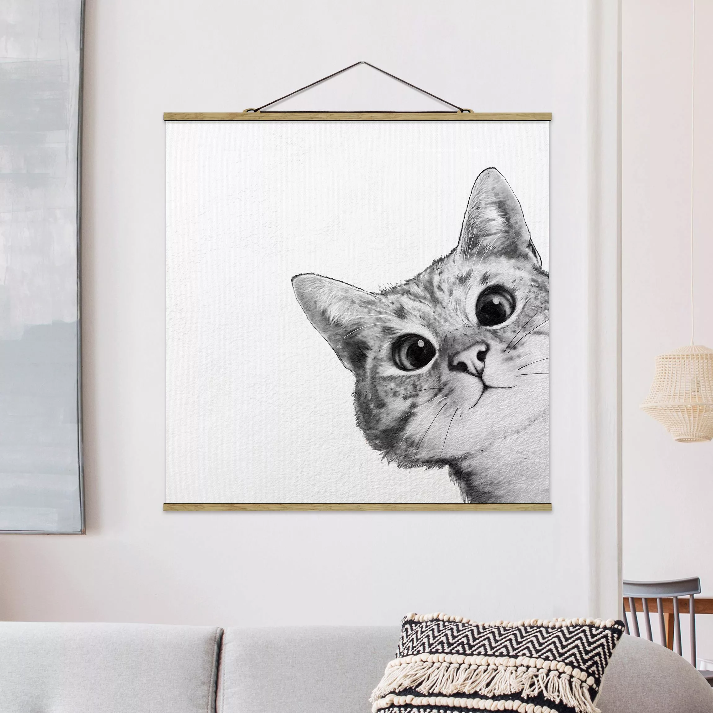 Stoffbild Tiere mit Posterleisten - Quadrat Illustration Katze Zeichnung Sc günstig online kaufen