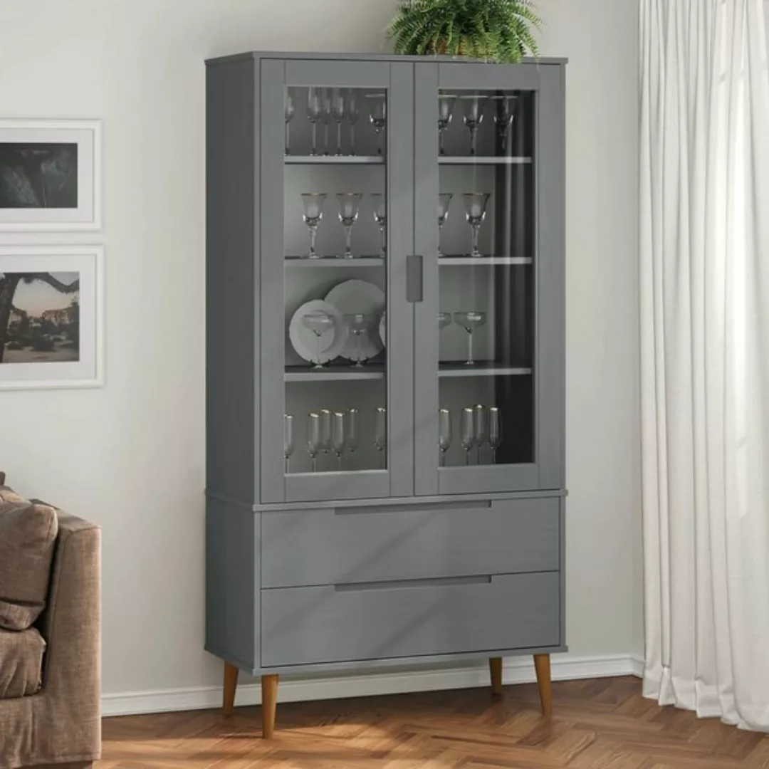 vidaXL Vitrine Vitrinenschrank Grau 90x35x175 cm Massivholz Kiefer Glas Vit günstig online kaufen