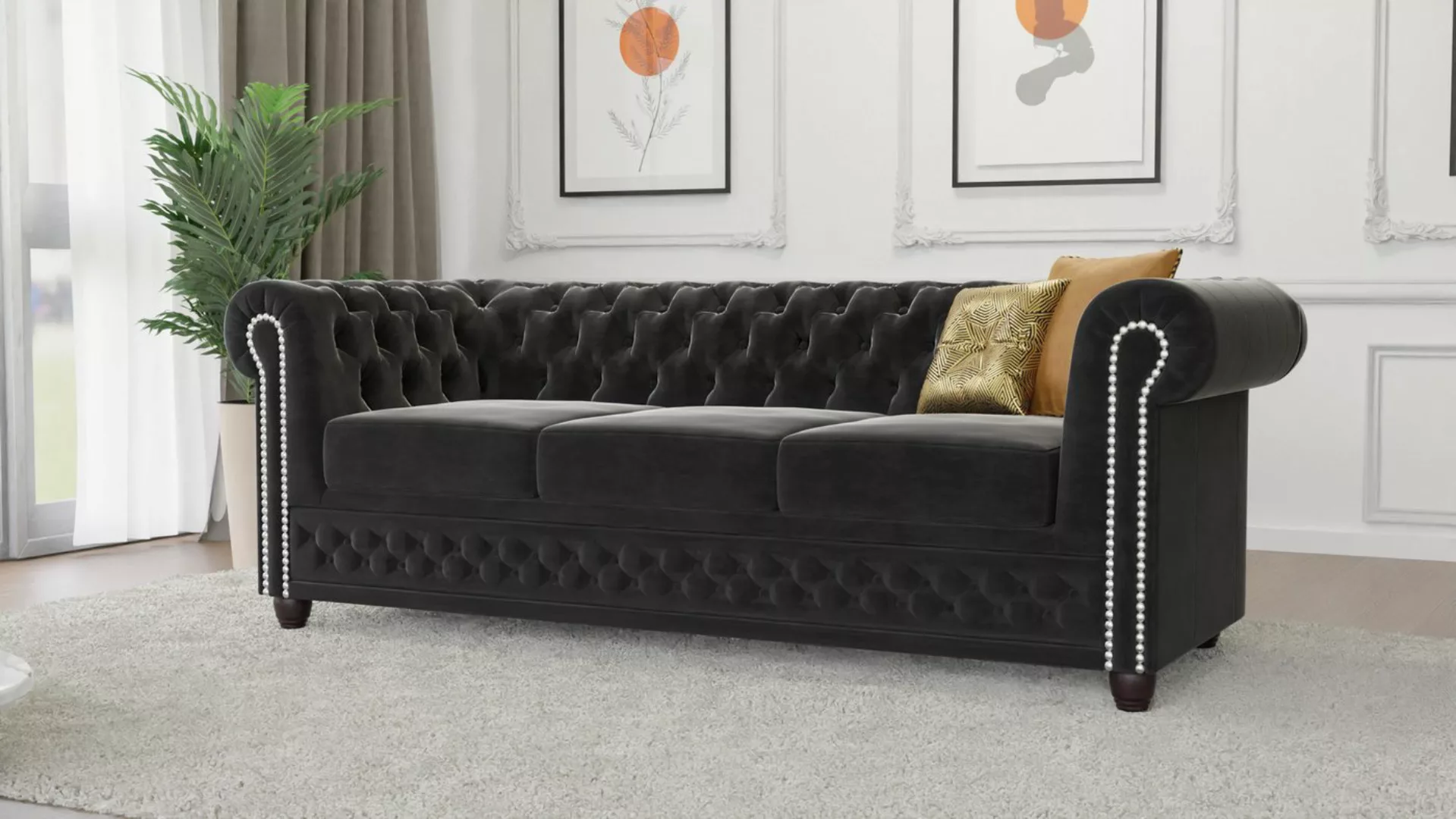 S-Style Möbel Chesterfield-Sofa Lena 3-Sitzer mit Schlaffunktion Samt Bezug günstig online kaufen