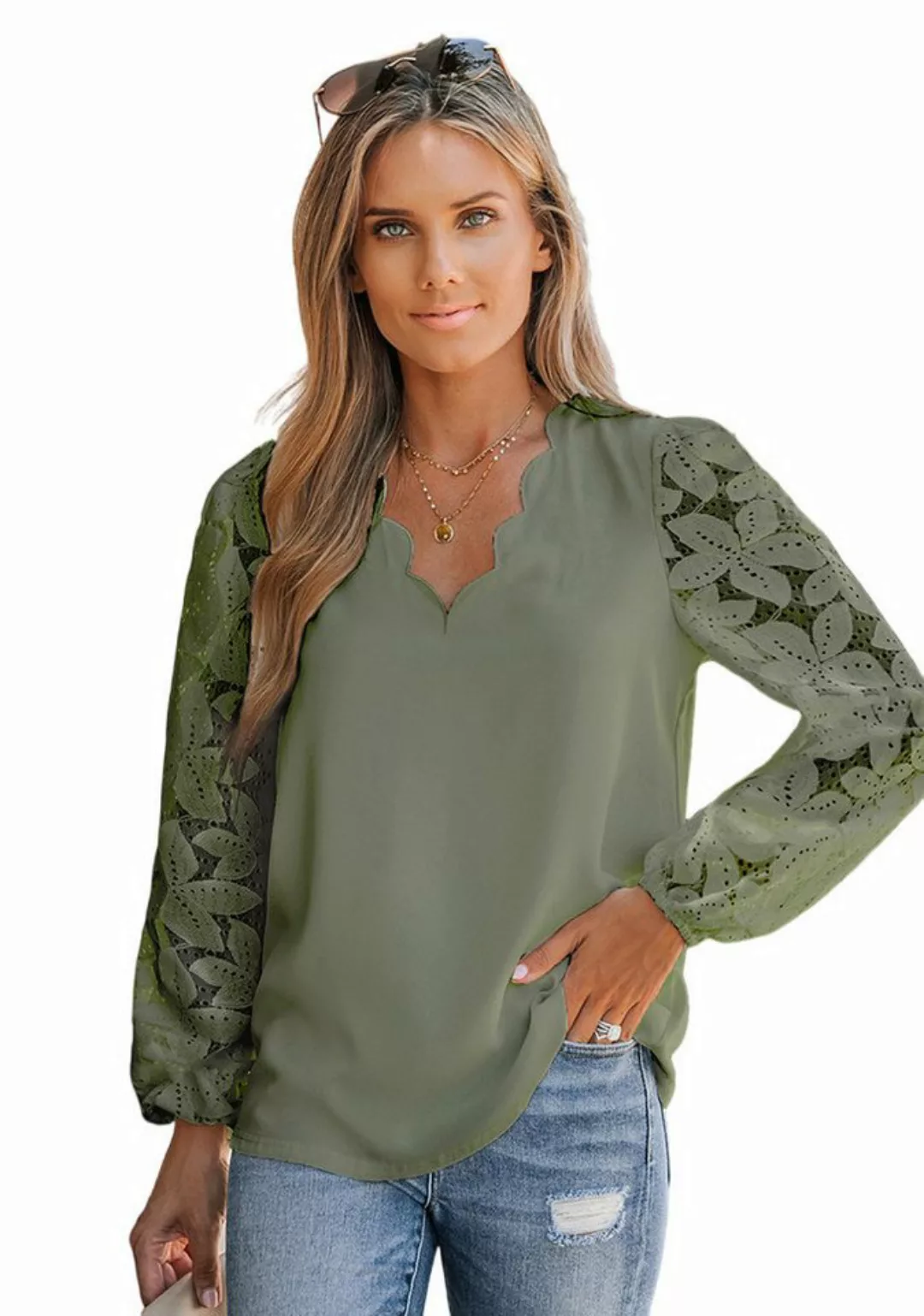 Cupshe Spitzenbluse V-Ausschnitt Bluse mit floraler Spitze mit Wellenschlif günstig online kaufen