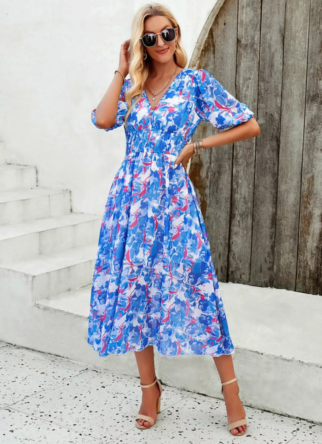 BlauWave A-Linien-Kleid Bohemian Blumenkleid Mode Frühling Sommer Sexy V Au günstig online kaufen