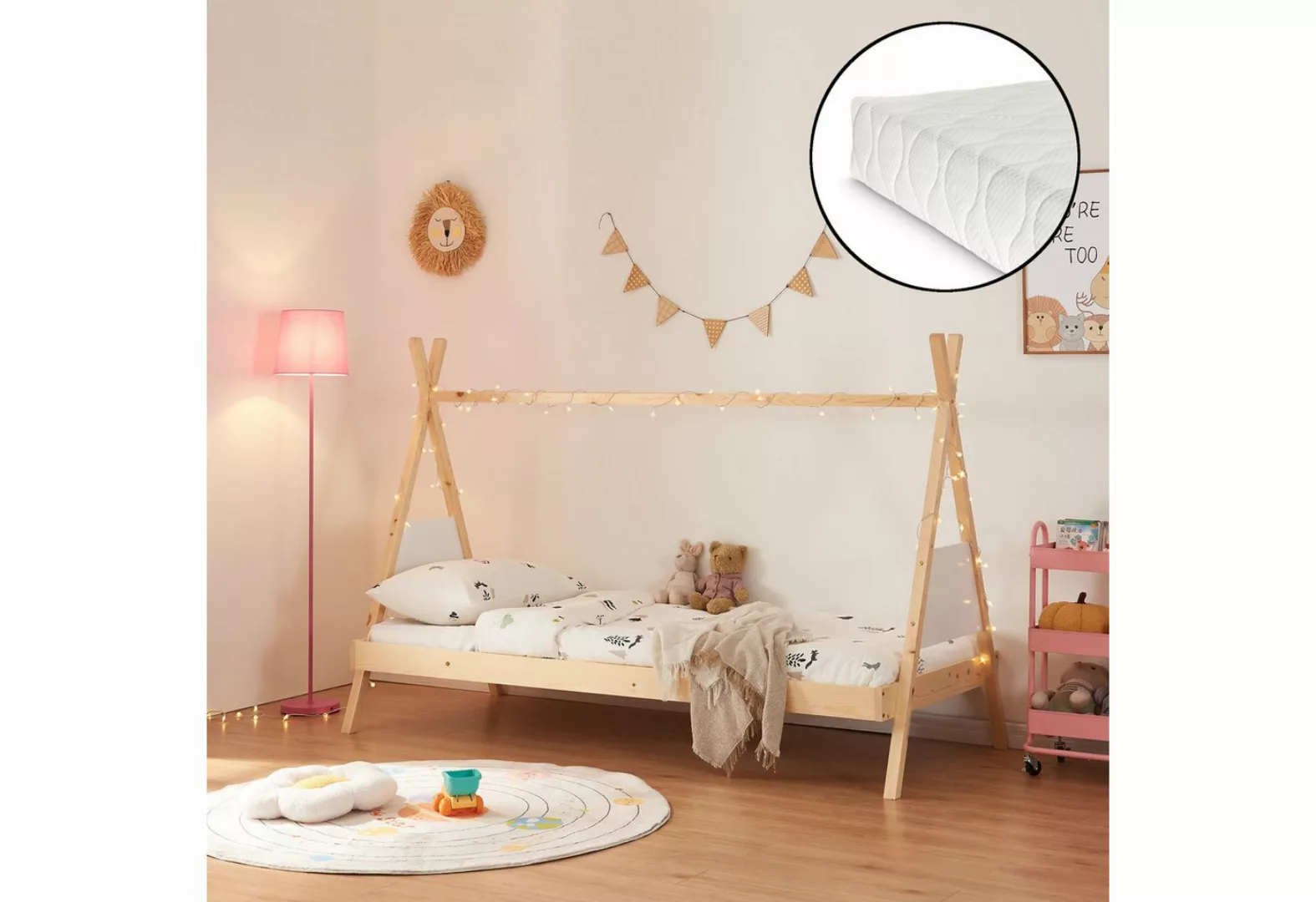 en.casa Kinderbett (Bett und Matratzen), »Siikajoki« Tipi-Bett 90x200cm Kie günstig online kaufen