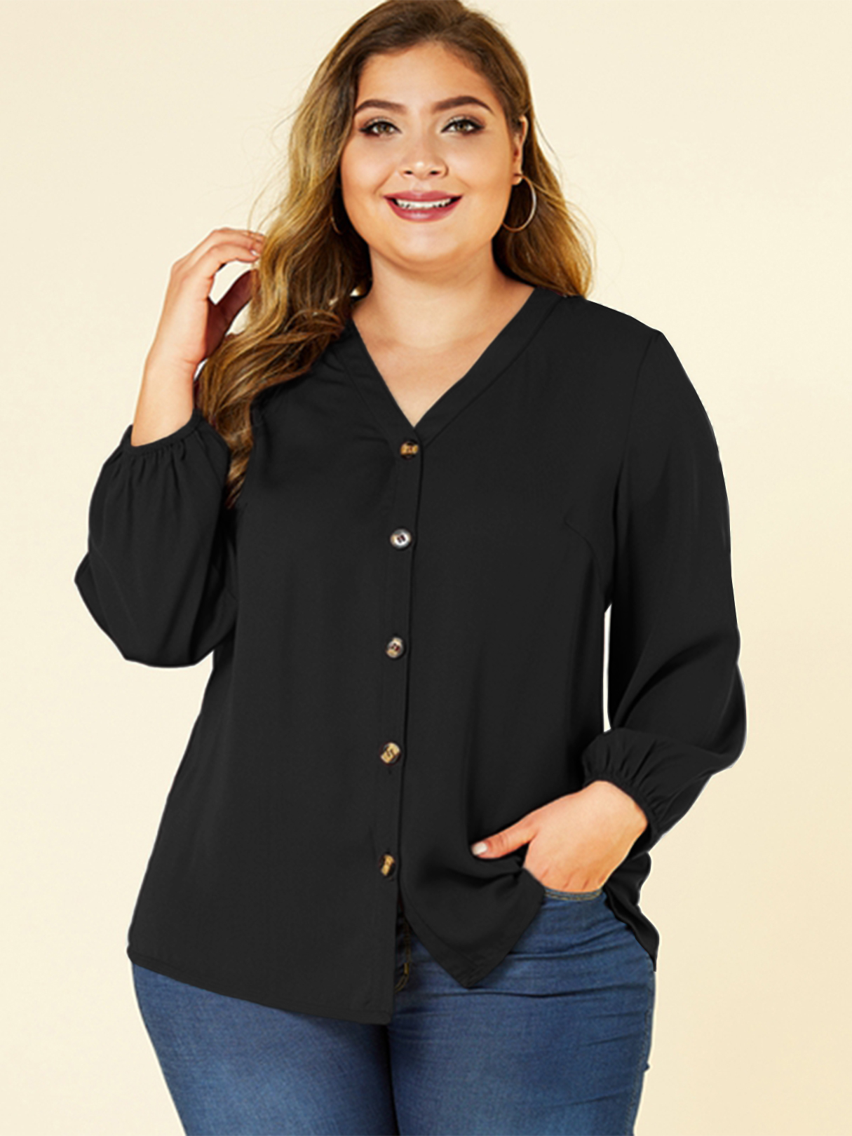YOINS Plus Größe Black Bluse mit Knopfdesign günstig online kaufen