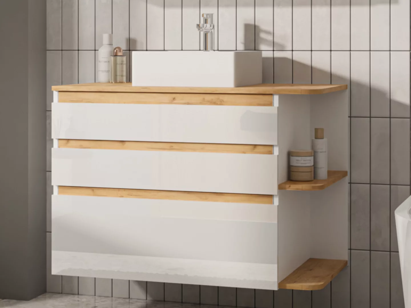 Waschbeckenunterschrank hängend mit Einzelwaschbecken - B. 94 cm - Naturfar günstig online kaufen