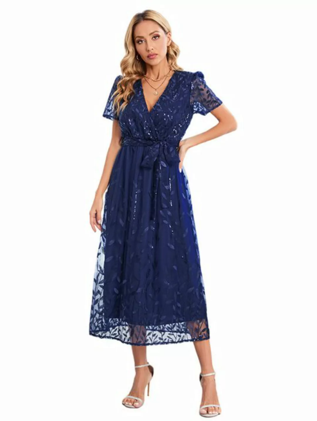 Mayou Abendkleid Damen Elegant Kurzarm V-Ausschnitt Pailletten Stickerei Me günstig online kaufen