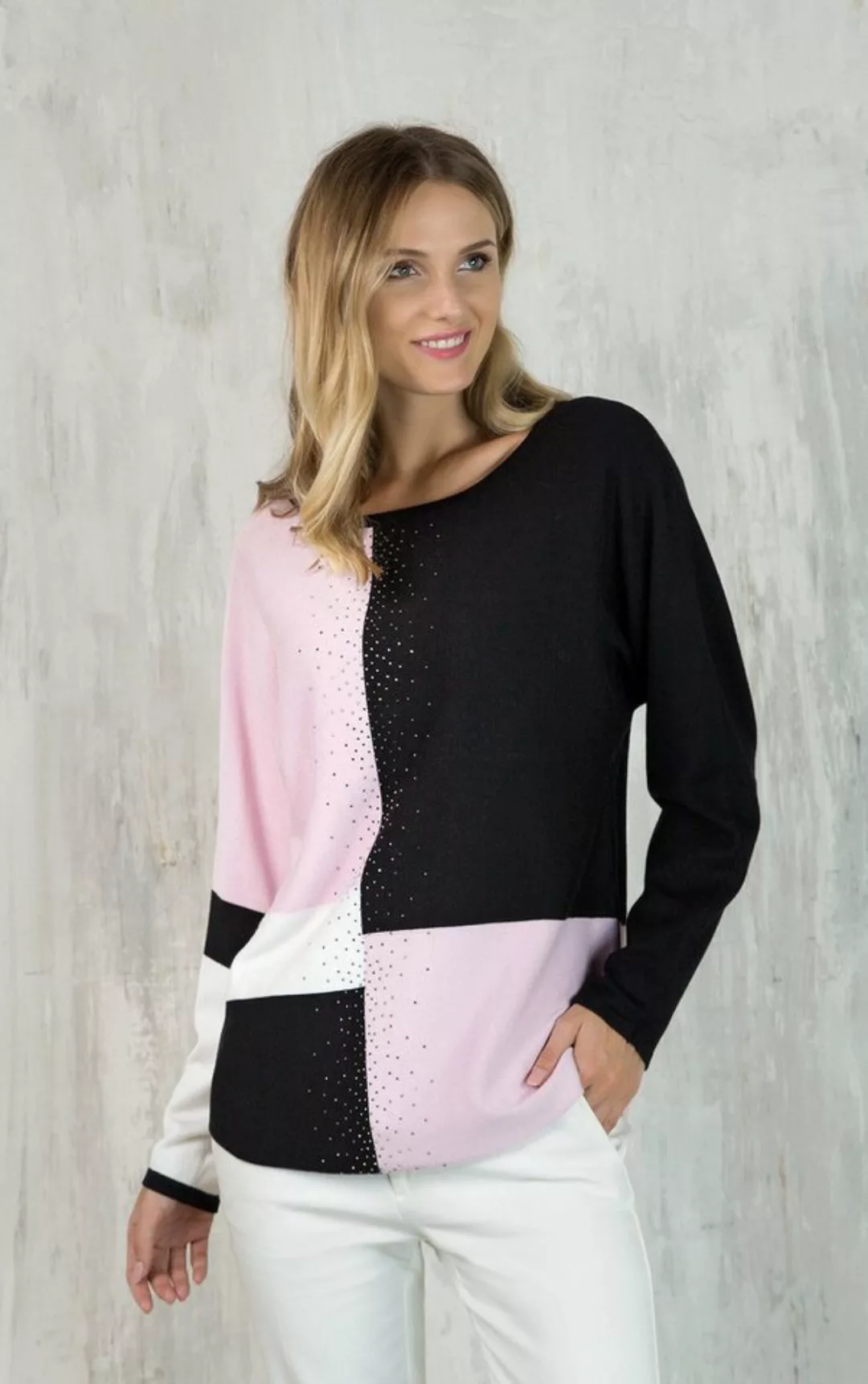 Passioni Strickpullover mit rosa, weißem und schwarzem Farbblock günstig online kaufen