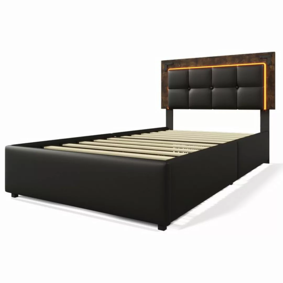 HAUSS SPOLE Polsterbett 90x200cm mit LED-Beleuchtung, 4 Schubladen, PU Schw günstig online kaufen