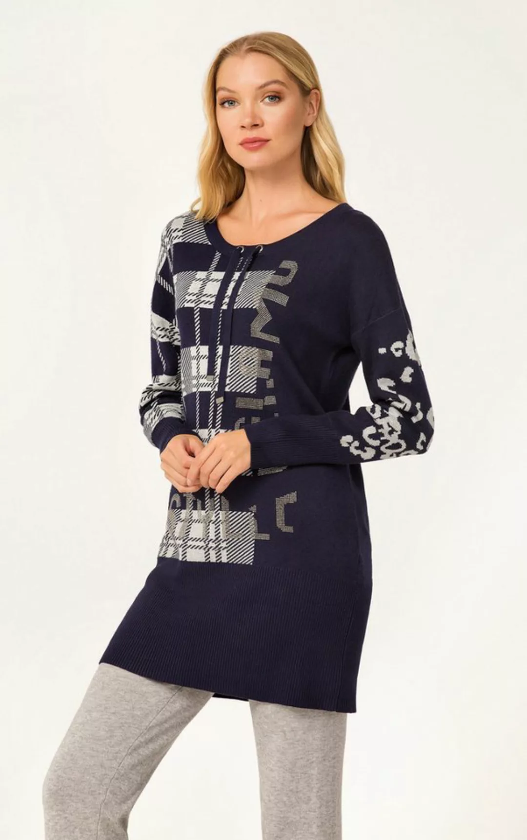 Passioni Strickpullover marineblaue Pullover-/Kurzkleid mit platziertem Kar günstig online kaufen