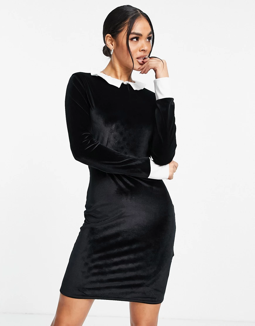 Missguided – Bodycon-Kleid aus Samt in Schwarz mit markantem Kragen günstig online kaufen
