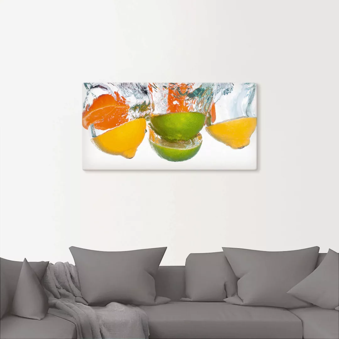 Artland Wandbild "Zitrusfrüchte fallen in klares Wasser", Lebensmittel, (1 günstig online kaufen