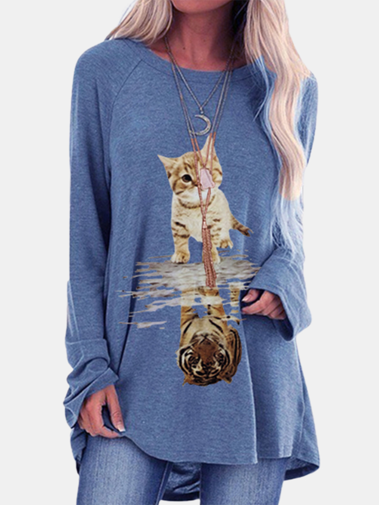 Cartoon Katze Tiger Print Langarm Casual Bluse für Damen günstig online kaufen