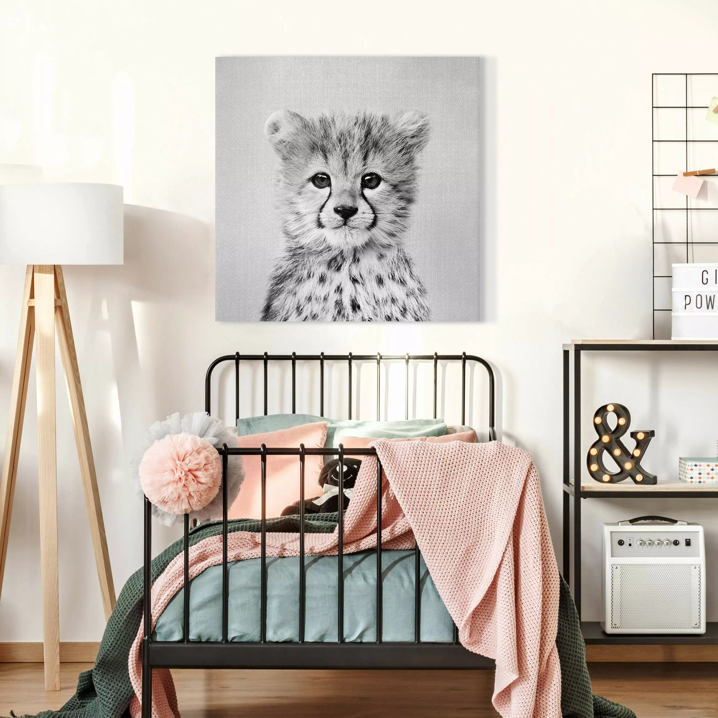 Leinwandbild Baby Gepard Gino Schwarz Weiß günstig online kaufen