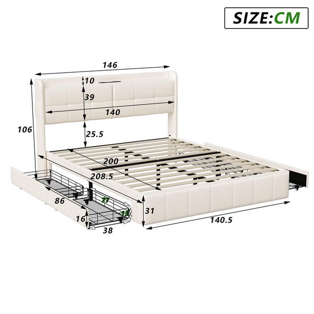 Furnishings Home Polsterbett Doppelbett mit USB-Anschluss und 4 Schubladen günstig online kaufen