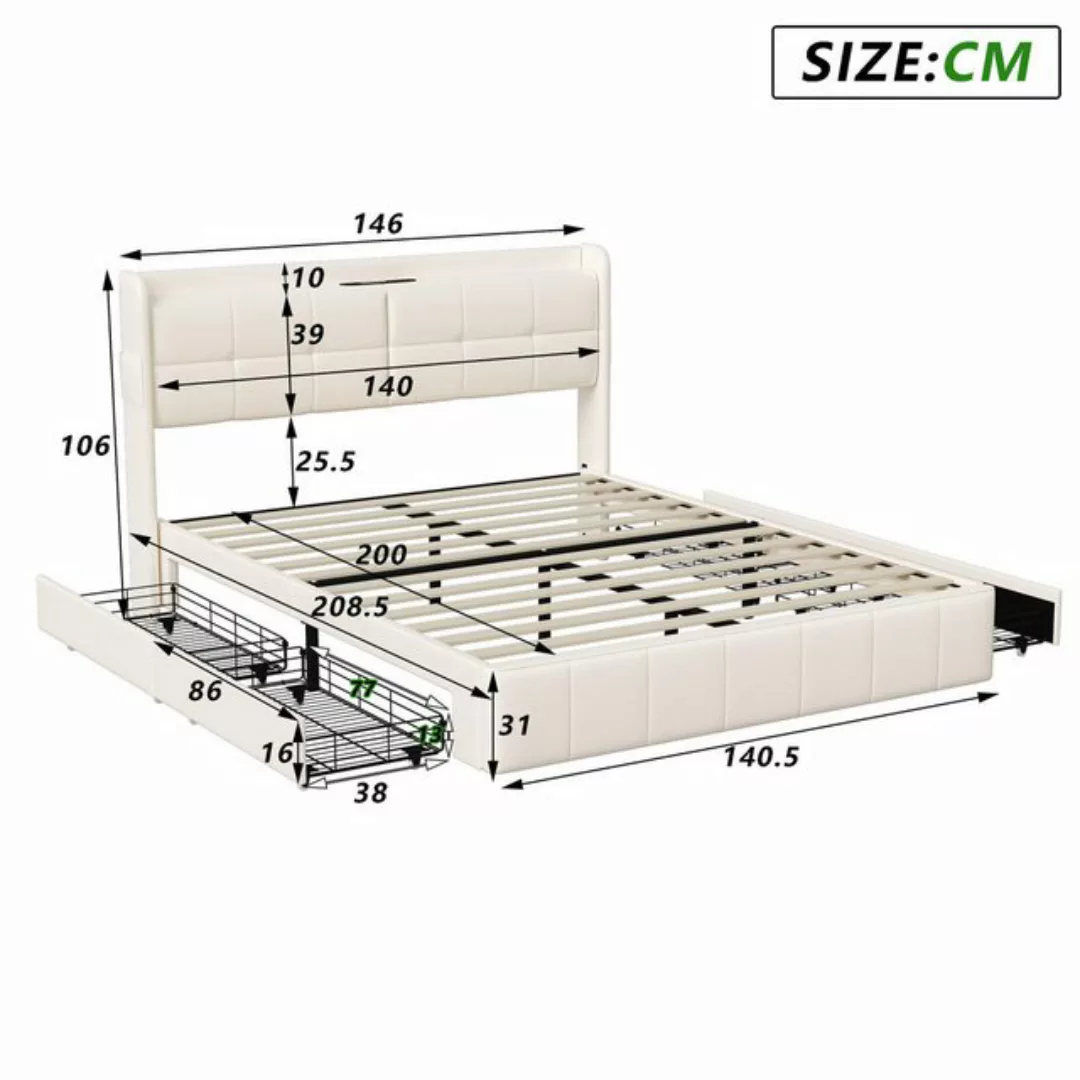 Furnishings Home Polsterbett Doppelbett mit USB-Anschluss und 4 Schubladen günstig online kaufen