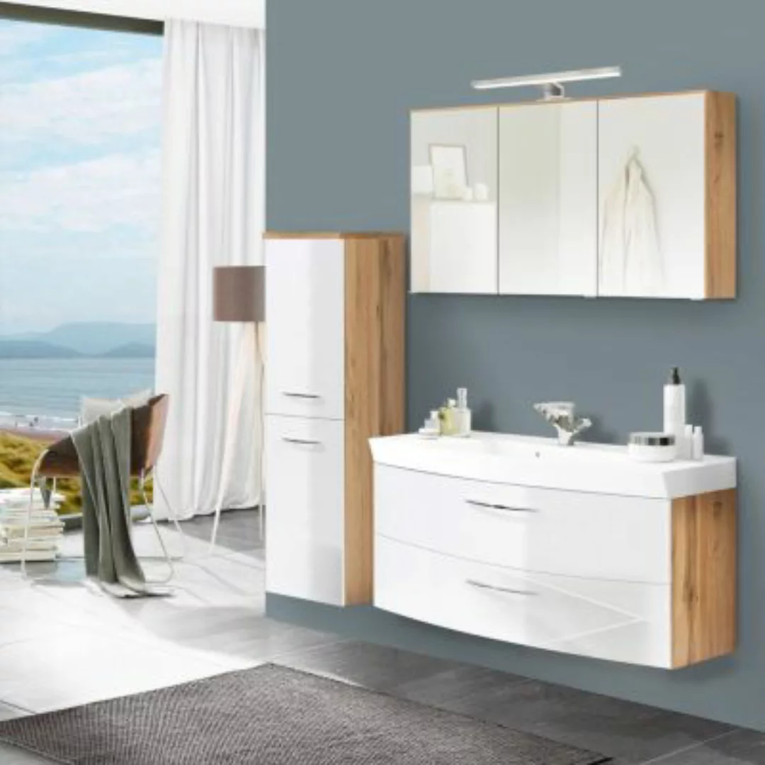 Lomadox Badmöbel Set mit 120cm Breite Waschtisch FLORIDO-03-OAK weiß Hochgl günstig online kaufen