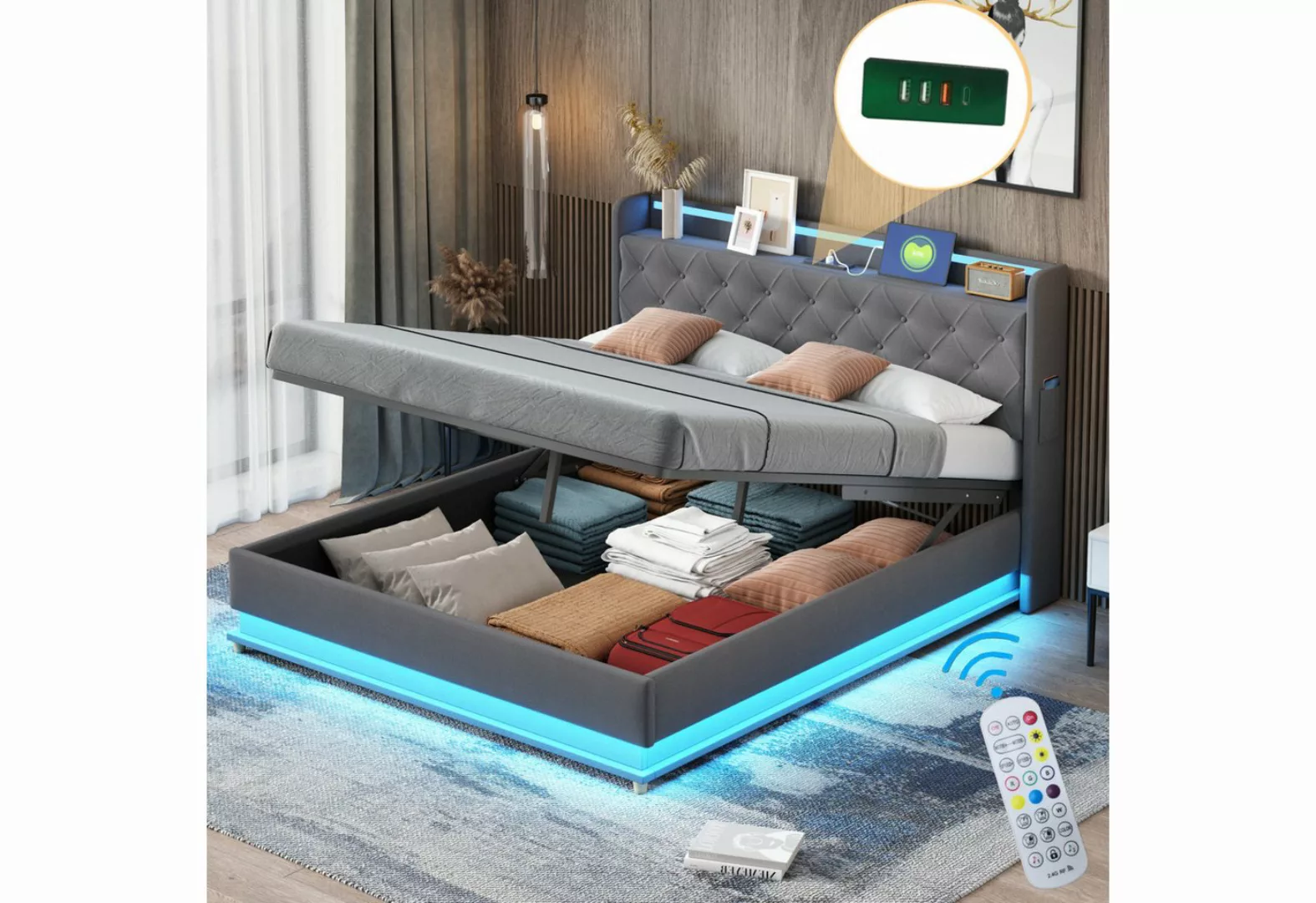 HAUSS SPLOE Polsterbett 160x200 cm mit USB-Anschluss und LED-Beleuchtung, L günstig online kaufen