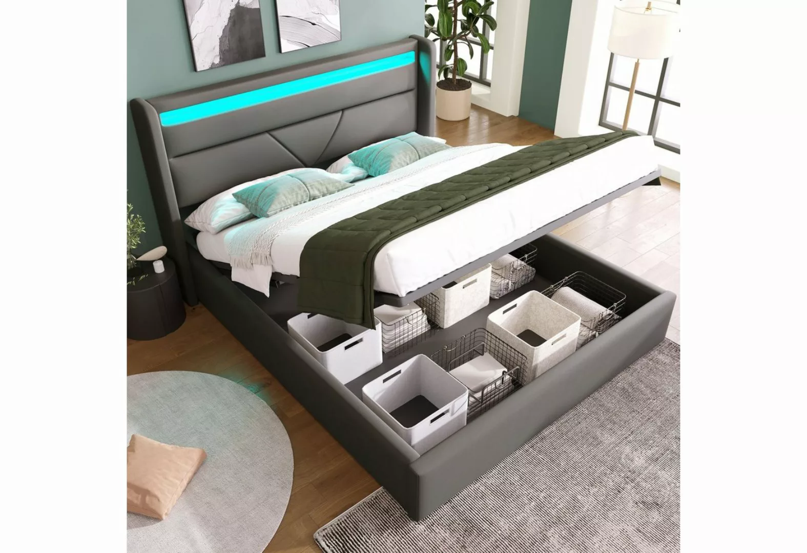 REDOM Polsterbett Doppelbett Bettgestell Stauraumbett mit LED-Beleuchtungsl günstig online kaufen