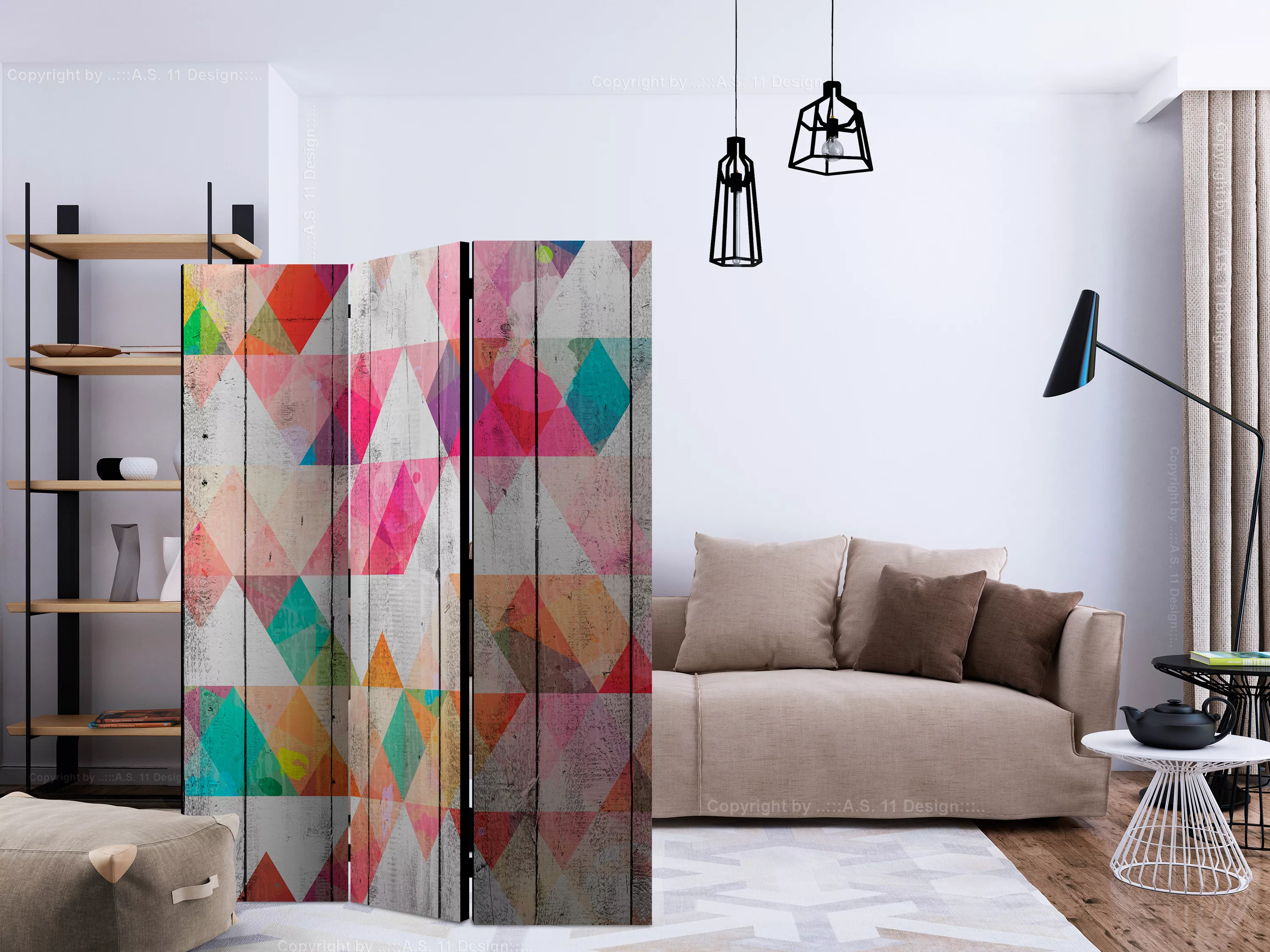 3-teiliges Paravent - Rainbow Triangles [room Dividers] günstig online kaufen