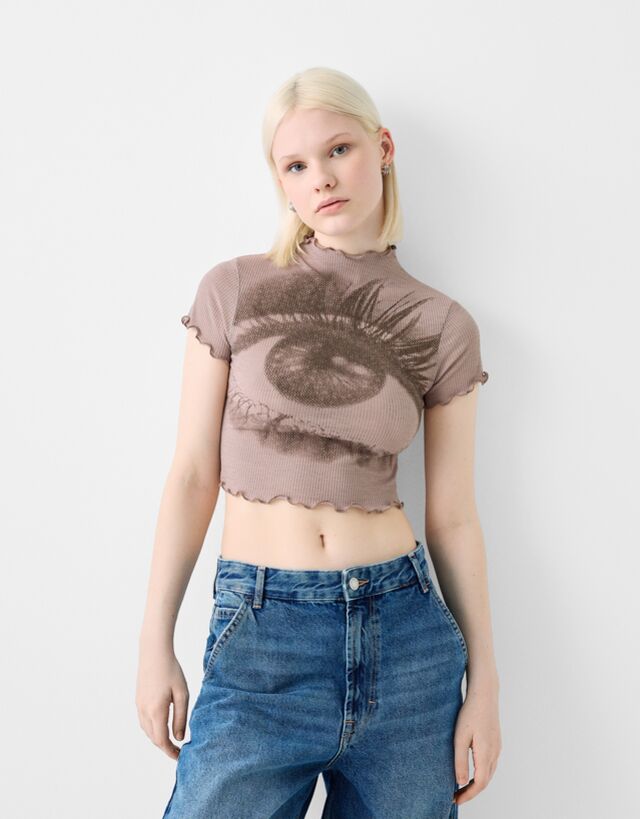 Bershka Rustikales T-Shirt Mit Kurzen Ärmeln Und Print Damen Xs Grau günstig online kaufen