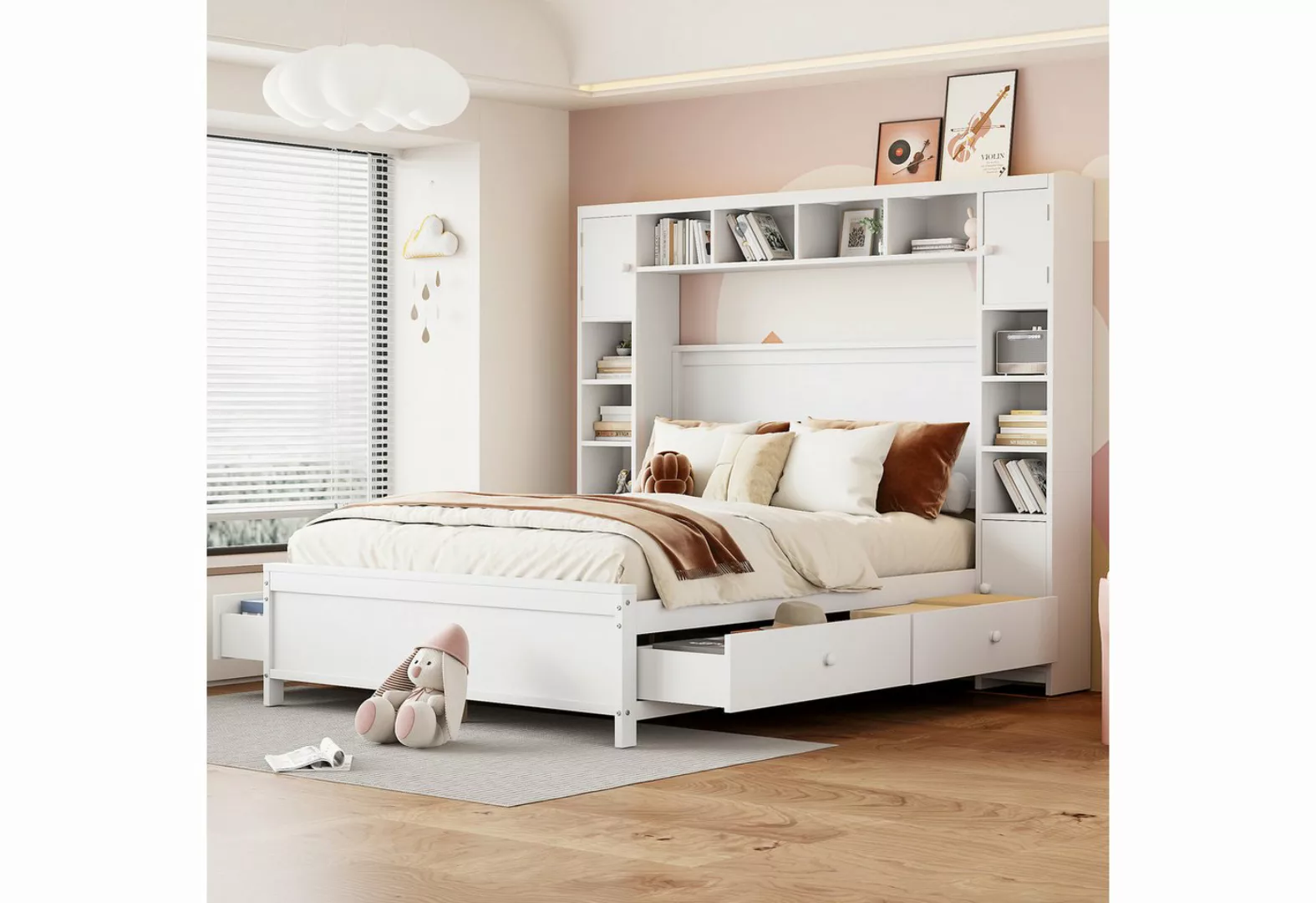 HAUSS SPOLE Holzbett 140x200 mit 4 Schubladen und großem Stauschrank, Latte günstig online kaufen